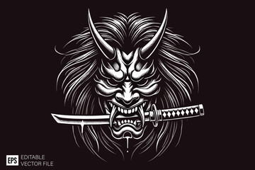 Fototapeta premium scary oni mask head dark art style vector design black and white illustration