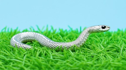 Fototapeta premium A silver snake toy resting on green grass against a blue background.