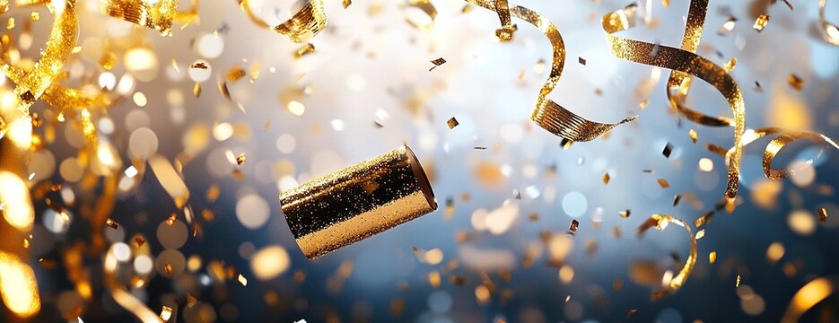Golden confetti and streamers in festive bokeh lights.