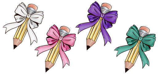 CUTE KAWAII HANDMADE ILLUSTRATION ON PENCILS IN DECORATED WITH BOWS 