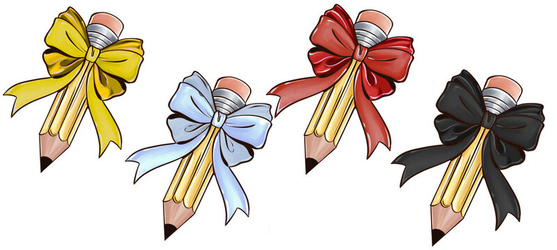 CUTE KAWAII HANDMADE ILLUSTRATION ON PENCILS IN DECORATED WITH BOWS 