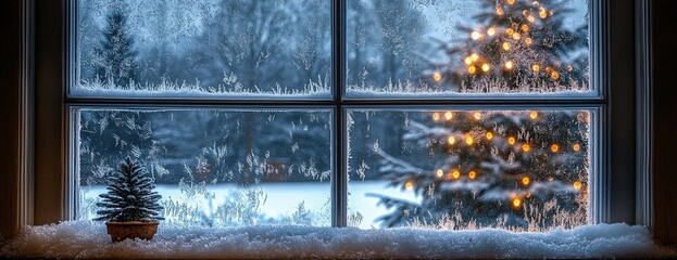 Naklejka premium Frosted window with view of glowing Christmas lights outside.