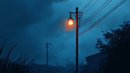 A dimly lit streetlamp illuminates a moody, atmospheric night scene with dark clouds and power lines.