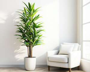 Fototapeta premium Bright White Wall in Minimalist Living Room with Cozy Decor for an Inviting Atmosphere