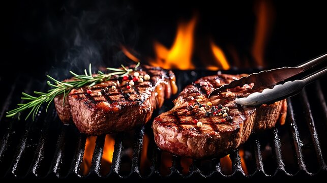 juicy beef steaks on the grill with flames, tongs holding one steak, Generative AI