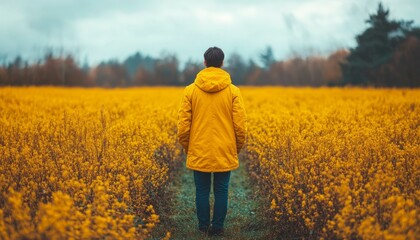 Vibrant Yellow Field with Person in a Rain Jacket