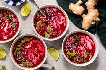Warming Cream of Beet Soup with Ginger, Lime and Cilantro