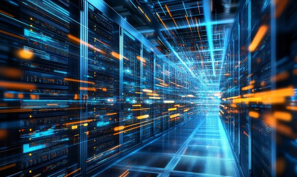 Advanced data center  showcasing complex technology and cloud computing with vibrant blue details
