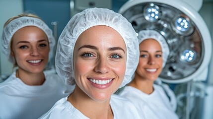 Three Healthcare Professionals Smile Confidently in a Surgical Environment, Showcasing Teamwork in a Modern Hospital Setting During Daytime