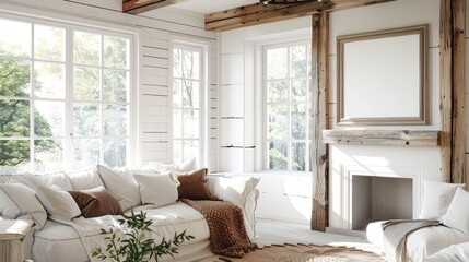 Fototapeta premium Relaxing living room scene bright and airy interior design cozy environment natural light modern concept