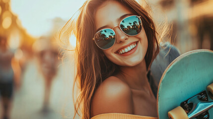 Gorgeous young woman smiles outdoors as she carries her skateboard on her shoulder