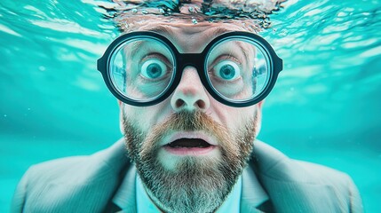 A Surprised Man in a Suit With Glasses Submerged in Water, Showcasing a Humorous Underwater Moment During a Warm Summer Day