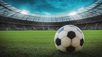 A Soccer Ball on the Grassy Field of a Large Stadium During a Bright Afternoon, With Stadium Lights Shining and an Expansive Sky Overhead