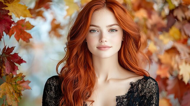 The image depicts a stunning redhead woman standing gracefully in front of a backdrop of autumn leaves, radiating the warm and vibrant colors of the season with her fiery hair and elegant pose.