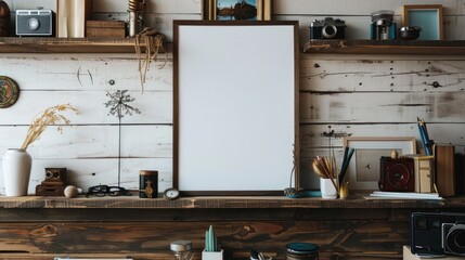Creative workspace arrangement home office photography rustic setting close-up perspective blank poster concept