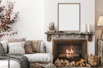 Cozy scandinavian farmhouse living room with fireplace modern decor interior warm atmosphere inviting design