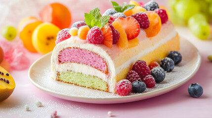 Exquisite Pastel Cake Roll with Fresh Fruit Garnish on Soothing Pastel Backdrop