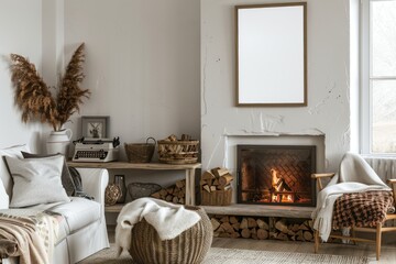 Cozy living room scene scandinavian farmhouse interior design warm atmosphere inviting view rustic aesthetic