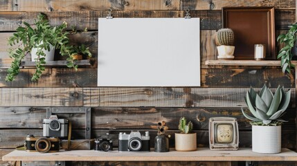 Creative workspace setup home office poster mockup rustic environment closeup view design inspiration