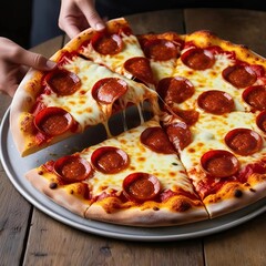 Close-up of cheesy pepperoni pizza being served