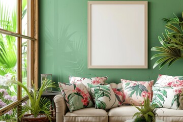 Relaxing interior living room tropical vibes decor bright space cozy atmosphere serenity