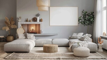 Cozy scandinavian farmhouse living room indoor interior design modern wide angle minimalism