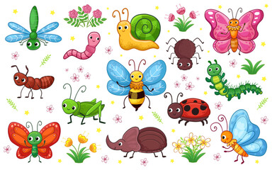Set of vector insects on a white background. Collection of insects in a cartoon style.
