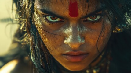 Close-up of a young Indian woman warrior queen engaged in battle, an epic fantasy movie scene