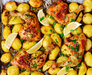 Chicken legs with potatoes baked in Greek style with lemon, garlic and herbs .top veiw