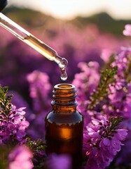 Bach Flower Heather, Amber Glass Bottle amidst flowers in a heather field, glass pipette, drop of essence falling, sun, nature