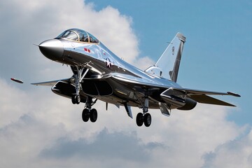 Highly Detailed Silver Jet Airplane Landing in Mid Flight