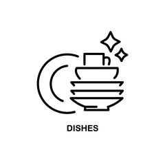 Clean dishes icon, shiny plate stack, wash kitchen utensil, pile tableware, thin line symbol on white background - editable stroke vector illustration.
