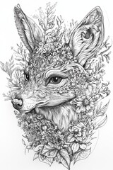 Obraz premium Detailed black and white illustration of a fox head adorned with intricate floral designs, showcasing artistic creativity and nature.