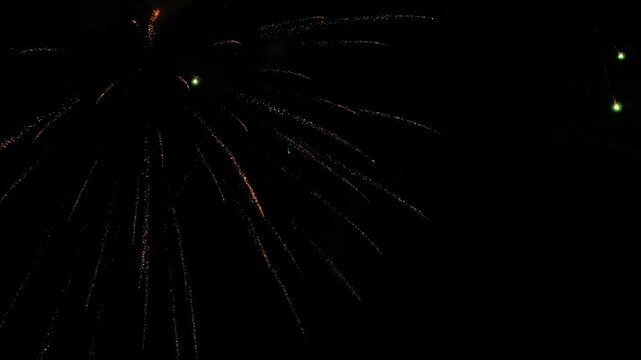 Great firework show. Unique close aerial view, flight inside, quadcopter drone footage. Beautiful colors from above. 4K footage. Aerial view firework