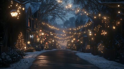 Snowy Street at Night with Christmas Lights and Houses