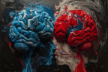 The brain is divided into two colors blue and red