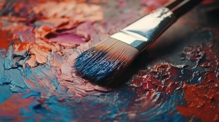 Obraz premium A top-down view of a paintbrush resting on a palette, with paint colors mixed around. The focus is on the brush bristles and palette texture.