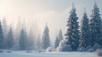 Naklejka premium Snow-covered pine trees in a winter landscape, peaceful and cold, soft morning light, calm and serene, natural beauty of winter season.
