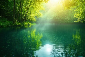 Fototapeta premium Crystal clear emerald water surface of a tranquil lake with gentle ripples reflecting sunlight and surrounding lush greenery creating a peaceful atmosphere