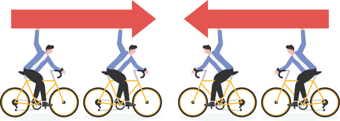 Conflict, groups of businessmen slammed together holding arrows in different directions

