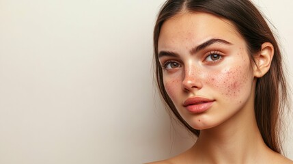 Fototapeta premium young woman with dark hair showing acne on her cheeks, standing against a neutral background with soft daylight, minimal shadows,