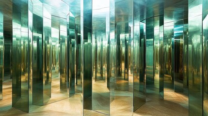 A captivating view of a mirror maze with green and gold reflections, creating an illusion of endless space and abstract patterns.