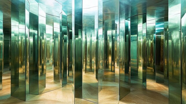 A captivating view of a mirror maze with green and gold reflections, creating an illusion of endless space and abstract patterns.