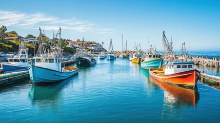 Fototapeta premium Vibrant marina filled with yachts and colorful fishing boats