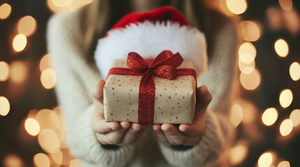 White girl in Santa hat holding a wrapped gift in a room with festive bokeh lights, cozy Christmas atmosphere,