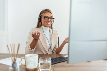 Business woman and laptop in office with conversation, customer support and virtual assistant. Headphones, discussion and call center agency with web consultation at desk with advice.