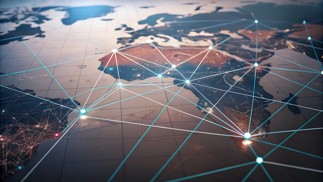 Conceptual illustration of Africa and the world interconnected through intricate global trade and supply chain networks.