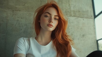 Fototapeta premium red-haired woman in a white t-shirt sitting and listening to music, concrete structure in the background, natural light
