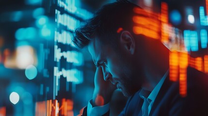 A stressed businessman contemplates amidst digital data visuals, reflecting on challenges in a tech-driven environment.
