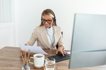Business woman and laptop in office with conversation, customer support and virtual assistant....